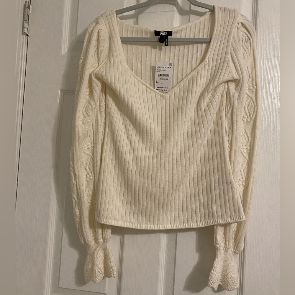 PAIGE Cream Ribbed V-Neck Sweater with Lace Sleeves